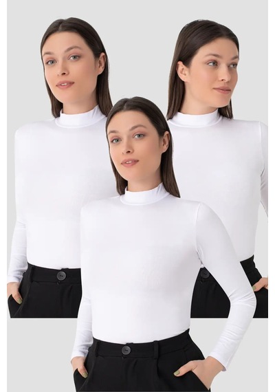 Hadpols Özel Seri Kadın Beyaz Balıkçı Yaka Uzun Kollu Body 3 Adet Üst Giyim Serin Hava Basic Parça Beyaz-3