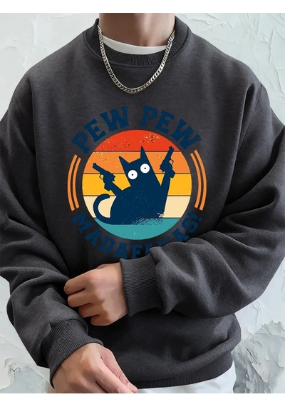 Startmore Tarzsokak Madafakas Çift Silahlı Kedi Baskılı Erkek Kapüşonlu Üstü Sonbahar Polar Sıcak Sweatshirt Günl Antrasit