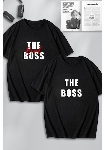 Unisexthe Boss The Real Boss Baskılı Sevgili Çift Kombini Tasarım Oversize Tshirt 2'li Siyah Mck0104 Siyah