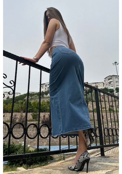 Vikings Jeans Kadın Maxi Denim Etek Likralı Önden Yırtmaçlı Yüksek Bel Mavı Mavi