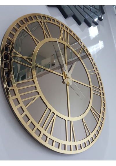 Ayna Denizi Golden Roma Bronze Model Altın Bronz Renk 50 CM Dekoratif Aynalı Duvar Saati Altın