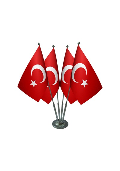 Masa Üstü Dörtlü Türk Bayrağı Dörtlü Krom Direk Masa Bayrak Seti