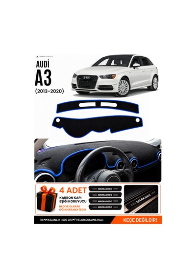 Audi A3 2013-2020 Uyumlu Torpido Koruma, Torpido Örtüsü, Torpido Kılıfı - Siyah-mavi - Au007