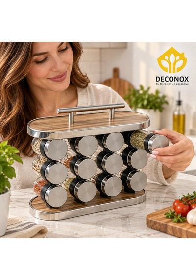 Deconox Standlı 12 Li Cam Baharatlık Seti, Metal Kapaklı Şeffaf B