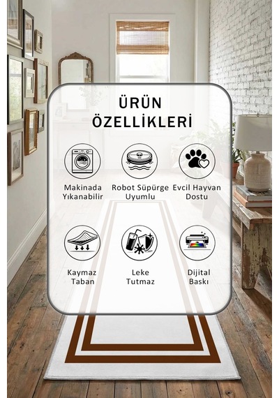 Çerçeve Beyaz Kahve Yıkanabilir Yolluk