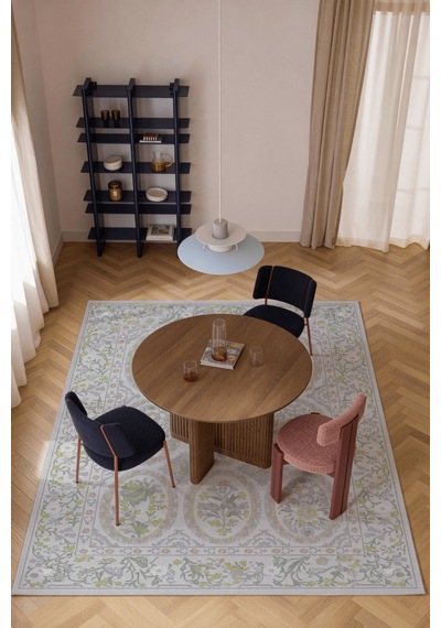 Floris 236 Gri Yeşil Çiçekli Bordürlü Eskitme Desenli Dokuma Şönil Bohem Vintage Oda Halısı