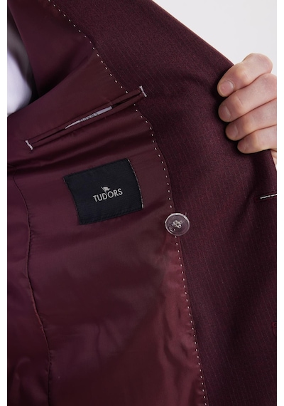 Tudors Erkek Slim Fit Sivri Yaka Çizgili Kapaklı Cepli Bordo Takım Elbise-41959 Bordo
