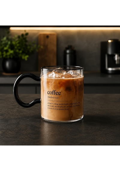 Coffee Yazılı Cam Kupa, Siyah Kulplu Şeffaf Kahve Bardağı, Çay Latte Ve Sıcak Soğuk İçecekler İçin Modern Cam Bardak 6998