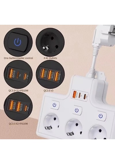 Termal Akım Korumalı 3 Lü Duvar Tipi Priz 1x Usb 2x Type-c Çıkışlı Grup Priz Çoğaltıcı 3500w