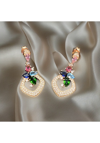 Rengarenk Zirkon Dizme Taşlı Rose Gold Renk 1. Kalite İthal 925 Ayar Kadın Gümüş Küpe-9007677894087