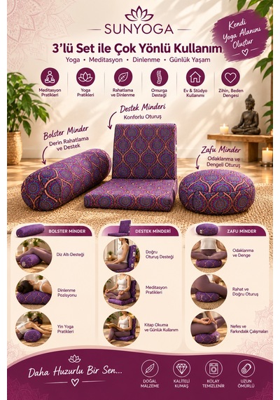 3'lü Yoga Ve Meditasyon Seti Zafu Bolster Minder Mandala Mor