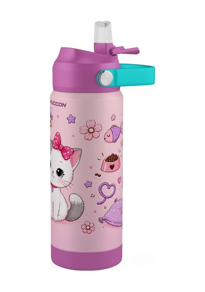 Puccon 540 Ml Sevimli Kedi Baskılı Mor - Beyaz Kız Çocuk Pipetli Çelik Termos Matara/suluk - 60044