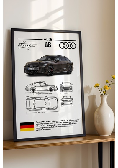 Audi A6 Tablo - Teknik Özellikli Alman Lüks Sedan Poster - Çerçeveli Duvar Dekoru - Araba Blueprint Siyah