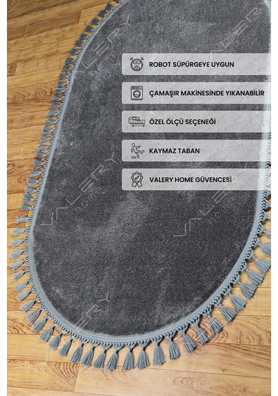 Vl Yuvarlak Comfort Düz Saçaklı Peluş Antrasit Yolluk Halı Oval Antrasit Ponpon Saçak