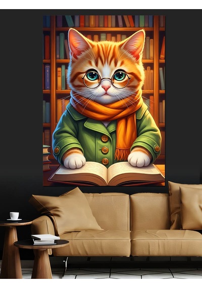 Ahşap Tablo Kitap Okuyan Turuncu Kedi