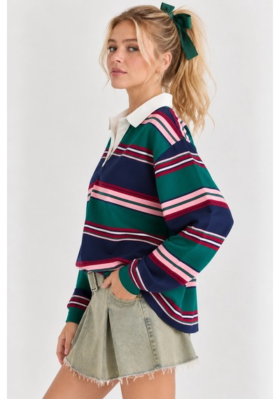 Mevese Oversize Polo Yaka Çizgili Kadın Sweatshirt - Lacivert-yeşil Lacivert - Yeşil Mevese Oversize Polo Yaka Çizgili Kadın Sweatshirt - Lacivert-yeşil Lacivert - Yeşil
