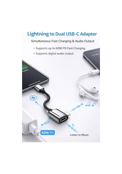 Platoon Pl-8816 Apple Uyumlu iOS Lightning To Type-c + Type-c Şarj Giriş Çoğaltıcı Adaptör 2 Port