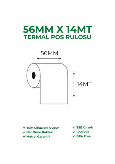 56x14 Termal Rulo Yazarkasa Pos Rulosu 1 Paket 10 Adet Tse Belgeli Bpa Free