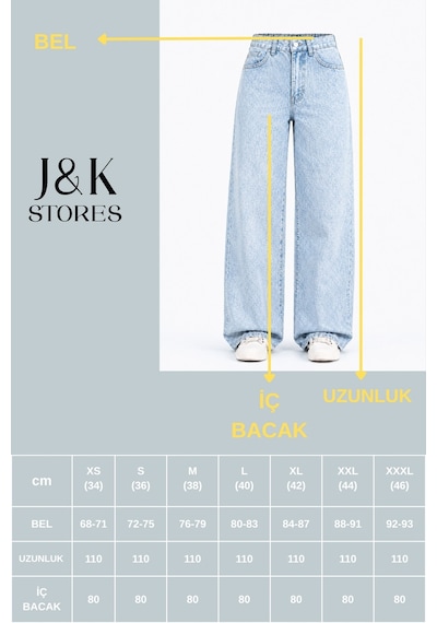 J&kstores Kadın Yüksek Bel Bol Paça Jean Kot Palazzo Pantolon Buz Mavisi