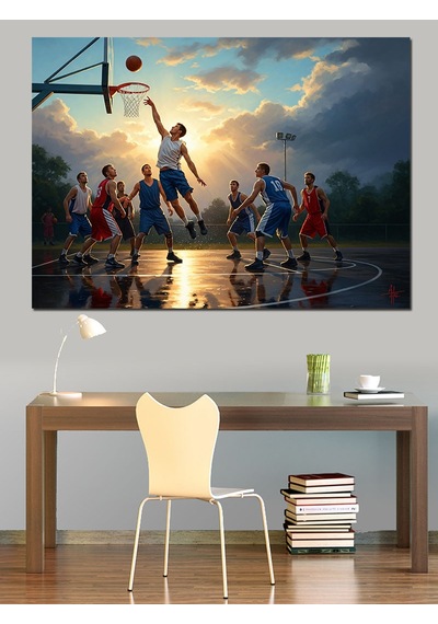 Ahşap Tablo Basketbol Maçında Smaç Yapan Oyuncular