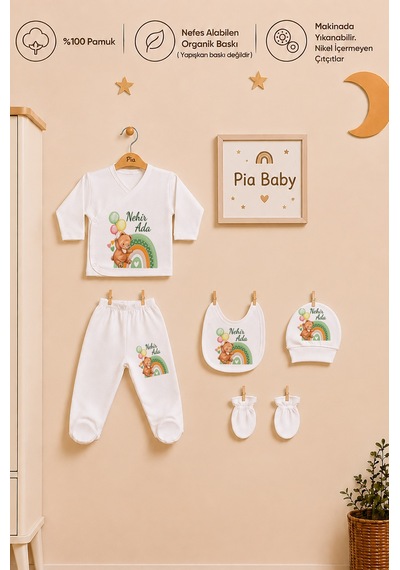 Pia Baby Kız Bebek 5'li Zıbın Seti %100 Pamuk İsimli Kişiye Özel Organik Baskılı 2083z3x Krem