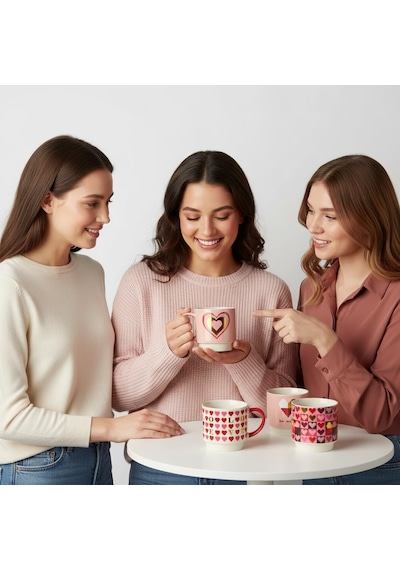 2'li İstiflenebilir Porselen Kupa Seti - Üst Üste Duran Kalp Ve Love Temalı Kule Bardak - 2 Far Tek Renk