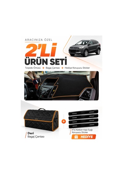 E-biz Ford Kuga 2013-2015 Uyumlu Torpido Örtüsü + Deri Bagaj Çantası - Siyah-kahverengi - Fo026