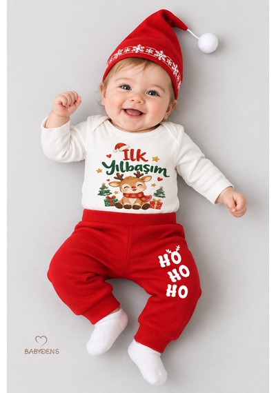 Babyden's Bebek Yılbaşı Takımı İlk Yılbaşım Baskılı Noel Kıyafeti %100 Pamuk 3'lü Body Pantolon Noel Şapkası Yılbaşı Kostüm Beyaz - Kırmızı