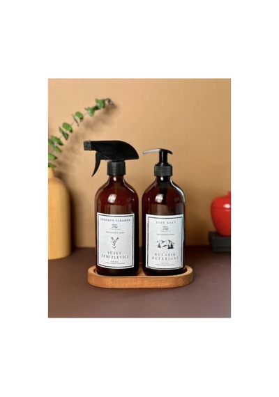Ahşap Standlı Amber 500ml Cam Bulaşık Deterjanı Yüzey Temizleyici Sabunluk Set Kahverengi Kahverengi