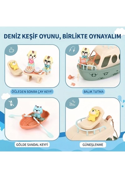 Kedi Deniz Gezintisi Tekne ve Aksesuar Oyuncakları Eğitici Banyo ve Figürlü Oyun Seti