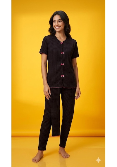 Sleeproom Yazlık Siyah Fuşya Puantiye Desenli Kısa Kol Penye %100 Pamuk Pijama Takım