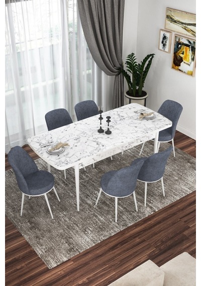 Canisa Concept Kor Serisi 70x114 Açılabilir Mutfak Masası Takımı Beyaz Mermer Desen Masa 6 Füme Sandalye Masa Beyaz Mermer Desen Sandalyeler Füme