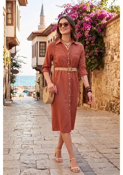 Lela Pamuklu Regular Fit Kemerli Midi Boy Gömlek Bayan Elbise 67810301 Camel