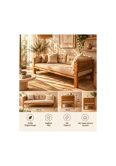 Doğal Ahşap Sedir Koltuk 140x70 Cm Masif Ahşap Yan Panelli Modern Daybed / Balkon Ve Salon Sedir Koyu Ceviz