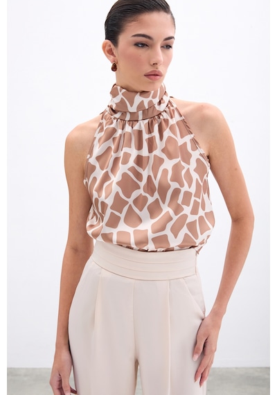 Sateen Boğazlı Kolsuz Bluz - Bej-camel-135952 Bej-camel
