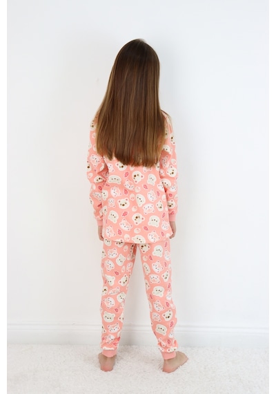 Kız Çocuk Orta Kalınlıkta Basic Baskılı Pijama Takımı Somon