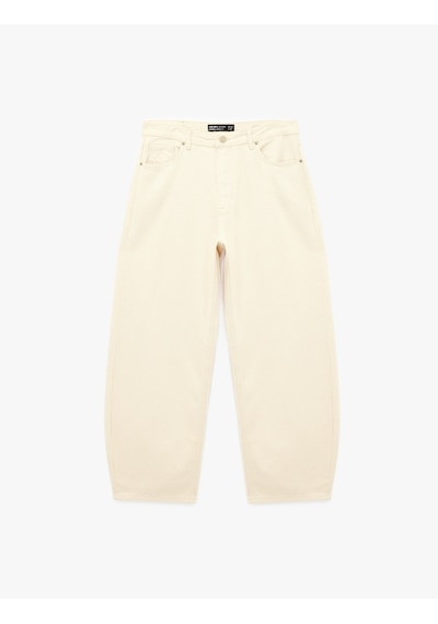 Koton Pamuklu Bol Normal Bel Cepli Oversize Barrel Fit Jean Pantolon Ekru 6sam40423nd