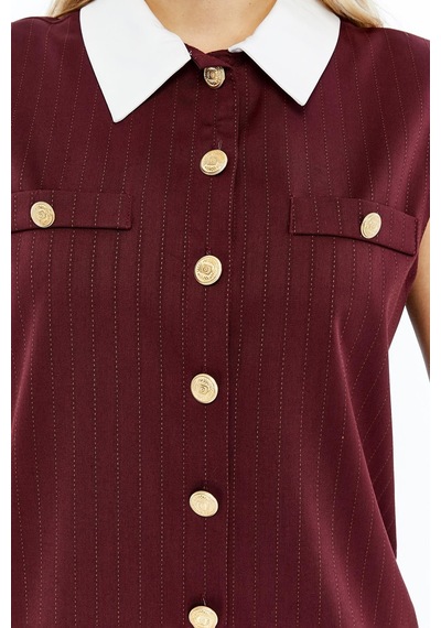 Selectmoda Kadın Çizgili Düğmeli Kolsuz Elbise Bordo