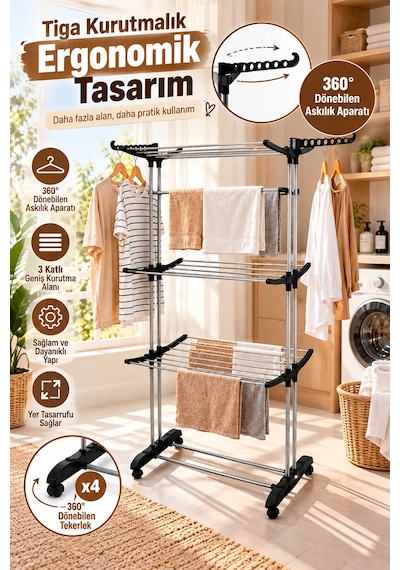 Doğrular Perilla Tiga Fits 3 Katlı Tekerlekli Çamaşır Kurutmalık Siyah