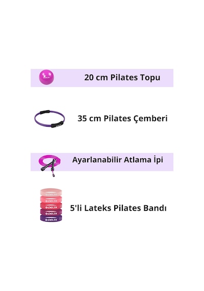 8 Parça Pilates Ve Fitness Seti Mini Pilates Topu, Pilates Çemberi, Ayarlanabilir Atlama İpi Ve 5 Li Direnç Bandı Mor