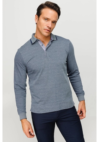Desen Triko Erkek Polo Yaka Kare Desenli Uzun Kollu Sweatshirt Füme Füme
