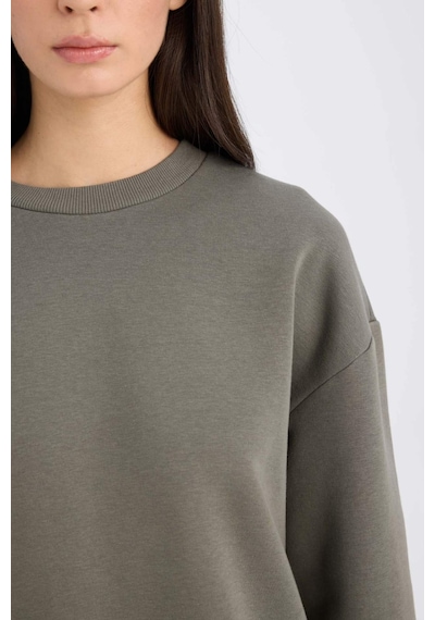 DeFacto Boxy Fit Bisiklet Yaka Kalın Basic Düz Sweatshirt B8568AX24WNKH422 Haki