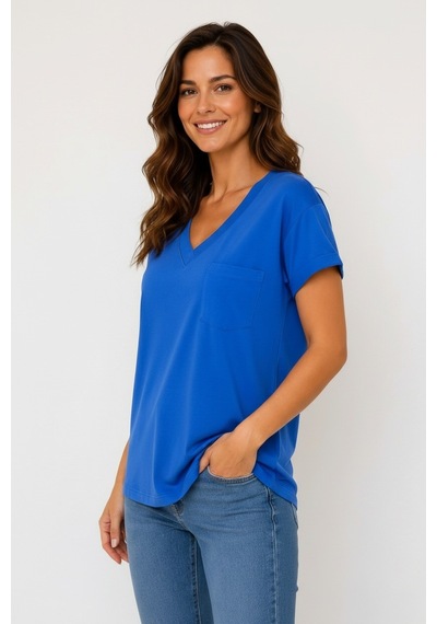 Lyvean V Yaka Cepli Oversize Tshırt Saks Mavi