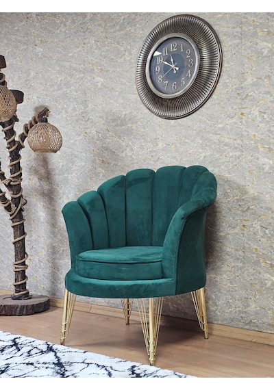 Zafir Tekli İstiridye Gold Kaplama Telli Ayak Çay Seti Koltuk Tekli Berjer , Balkon, Salon, Ofis Yeşil