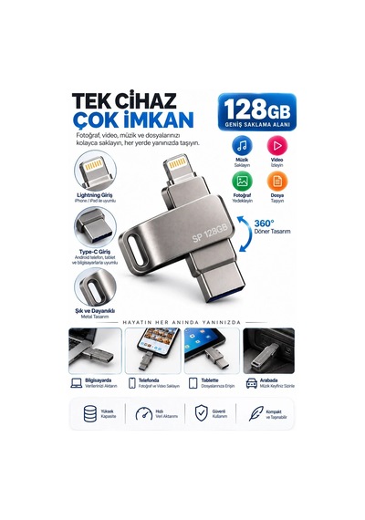 Lb Çoklu Girişli 128gb Lightning Type C Usb Flash Bellek Telefon Tablet Ve Bilgisayar Uyumlu