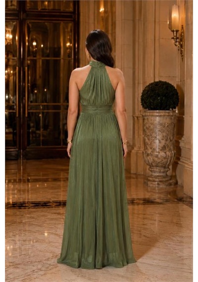 Neşeli Butik Kadın Olive Yeşil Halter Yaka Janjan Kumaş Premium Abiye Elbise Nbmy4128