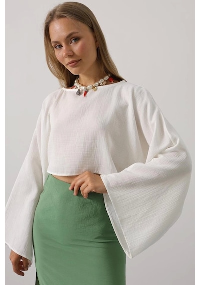 Defymoda Yarasa Kollu Crop Bluz - Beyaz Beyaz