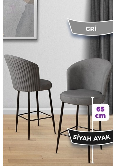 Canisa Alte Serisi 6 Gri Sandalye 65 Cm Ada Mutfak Bar Sandalyesi Babyface Kumaş Siyah Metal Ayaklı Sandalyeler Gri Ayaklar Siyah