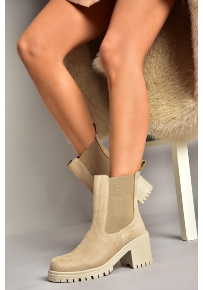 Fox Shoes T726981602 Bej Süet Lastikli Kalın Topuklu Kadın Bot Bej