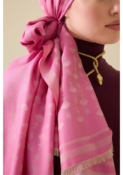 Imannoor Karanfil Monogram Pembe İpek Şal 68x200 Pembe
